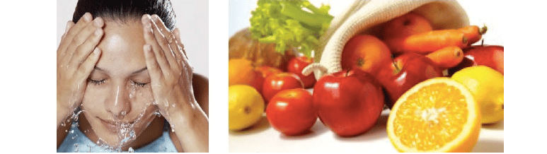 Woman with healthy skin alongside a diet of healthy fruit and vegetables
